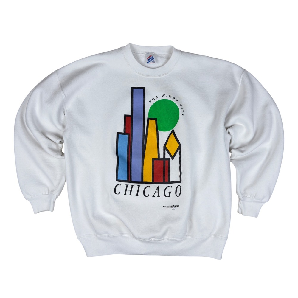 Vtg Jerzees Chicago Sweatshirt Men's‎ XL White Graphic Windy City USA Made 90s